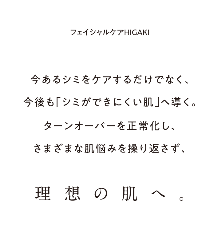 今あるシミをケアするだけでなく、今後も「シミができにくい肌」へ導く。ターンオーバーを正常化し、さまざまな肌悩みを操り返さず、理想の肌へ。